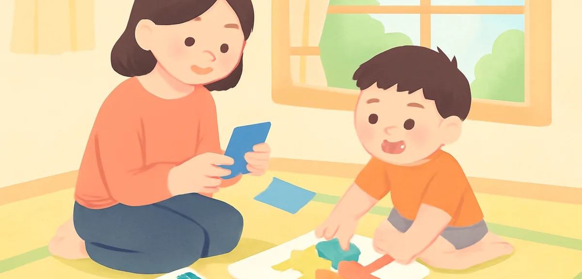 A parent and young child doing simple crafts and puzzles together on a tatami floor, watercolor pain