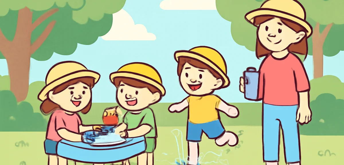 Kindergarten children playing with a water table and sprinkler in a shady garden, wearing sun hats, 