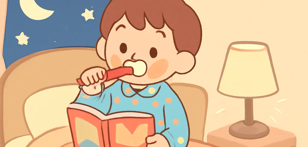 A young child in pajamas brushing teeth and looking at a picture book before bed, night lamp on, cal