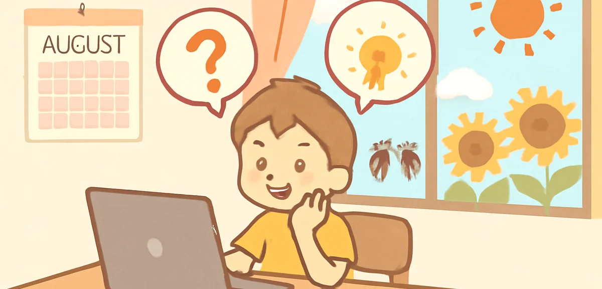 A cheerful flat illustration of a Japanese elementary school child at a desk during summer vacation,