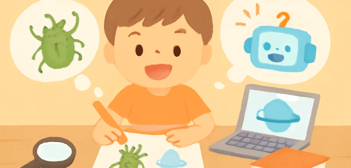 A friendly illustration of a child working on a summer free-research project with AI assistance, bra