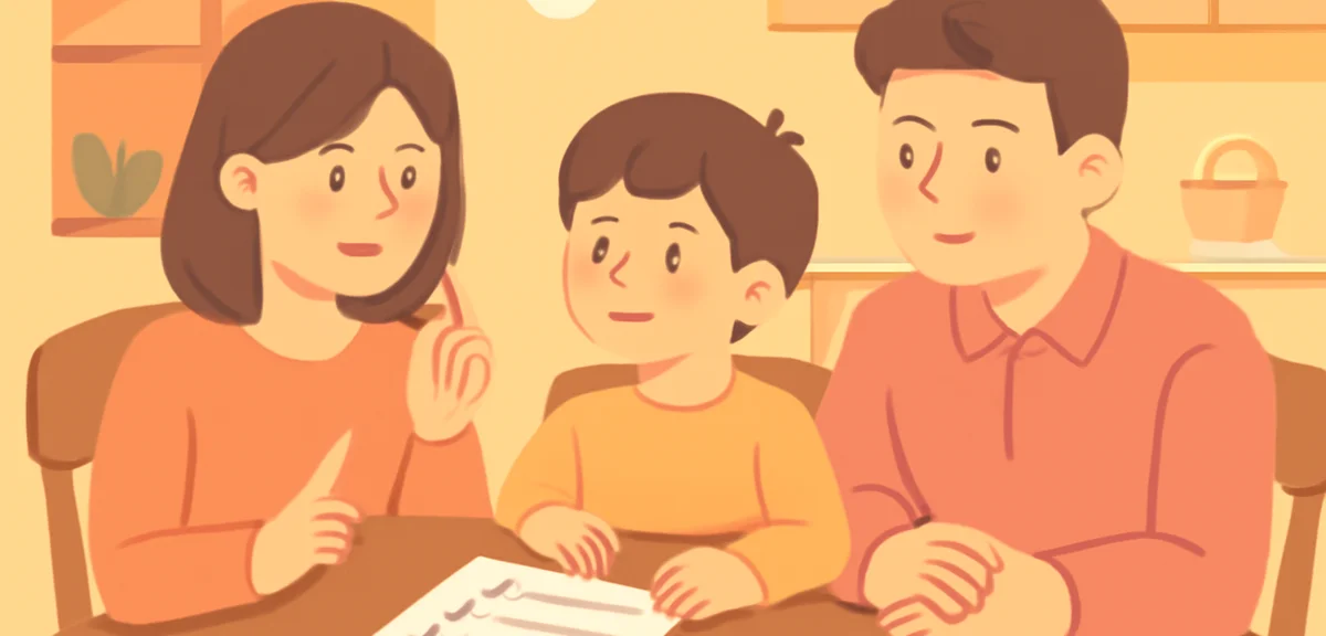 A calm illustration of a Japanese family sitting at a kitchen table discussing family rules for AI u