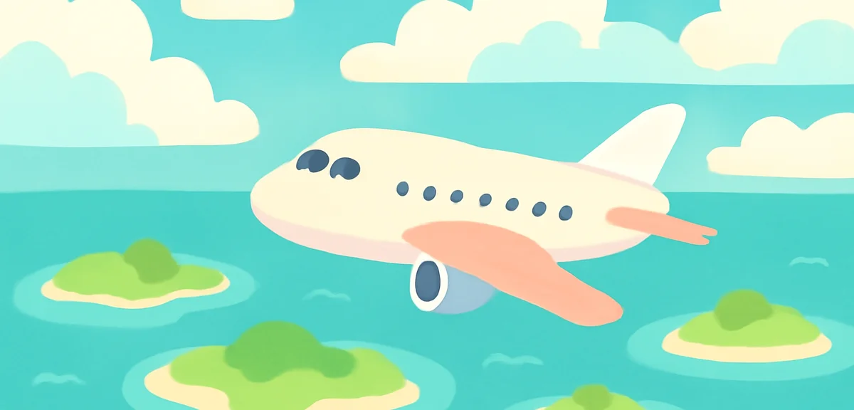 Airplane flying over turquoise Okinawa ocean, aerial view of tropical islands, summer sky with fluff