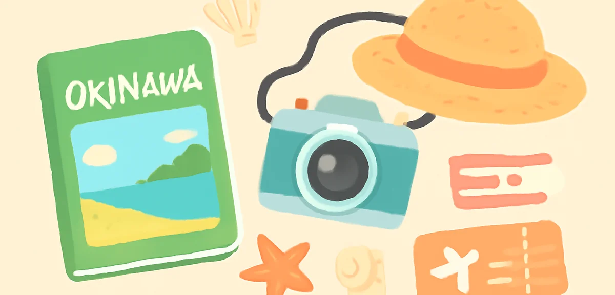 Flat lay illustration of Okinawa travel package items, guidebook, camera, straw hat, seashells, airl