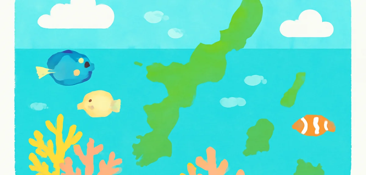 Illustration of Okinawa main island and remote islands map, Ishigaki, Miyako, Iriomote, ocean with c