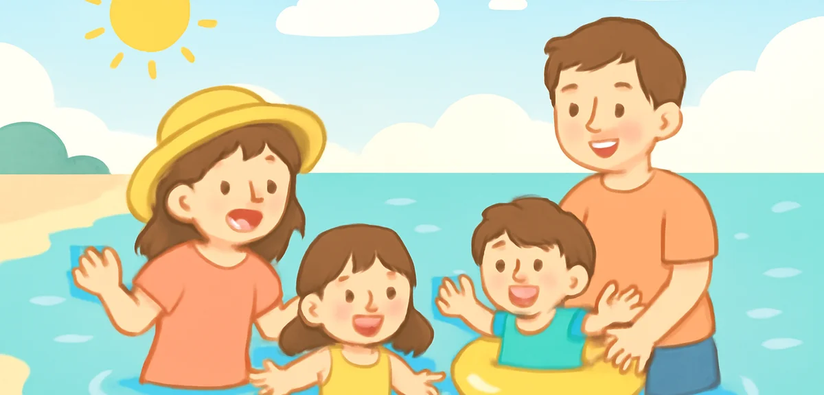 Happy family enjoying Okinawa beach vacation, parents and children playing in shallow blue water, su