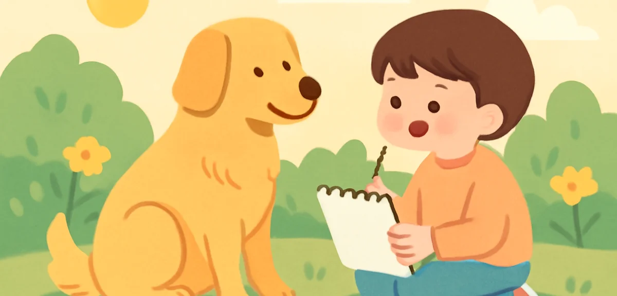 A child observing a golden retriever in a sunny garden, sketchbook and pencil in hand, taking notes 