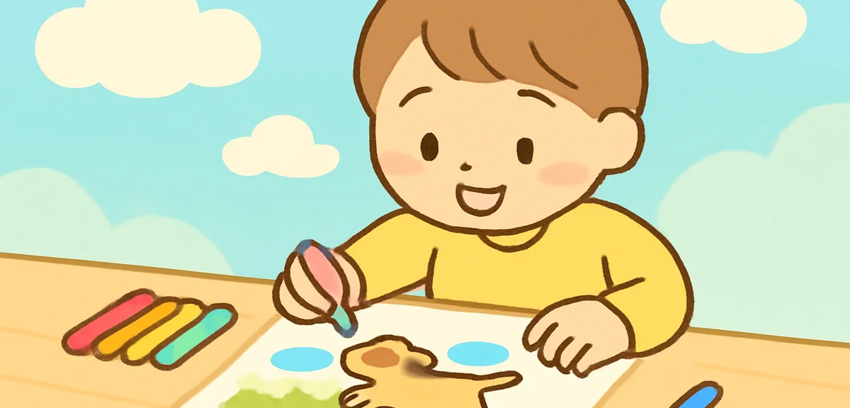 A child arranging composition on paper, drawing a dog running through a grassy field with clouds abo