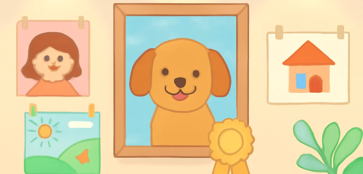 A framed award-winning dog portrait painting displayed at a school art contest exhibition, other chi