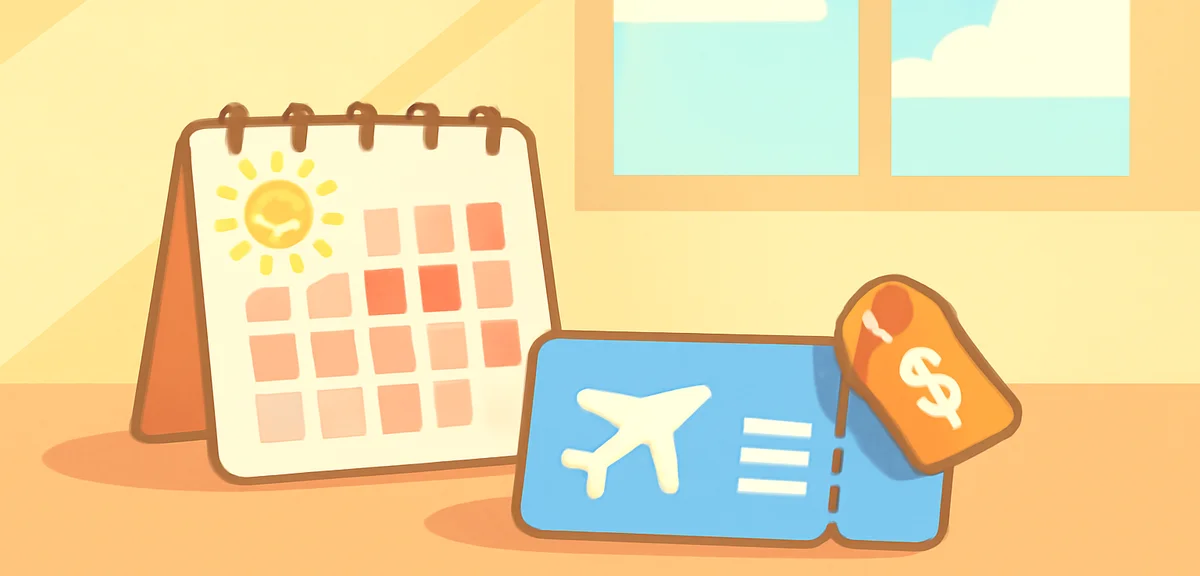 Calendar and airplane ticket with price tag on desk, planning summer vacation, warm sunlight, minima