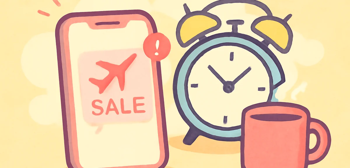 Smartphone showing flight sale notification, alarm clock and coffee cup, urgency mood, flat modern s