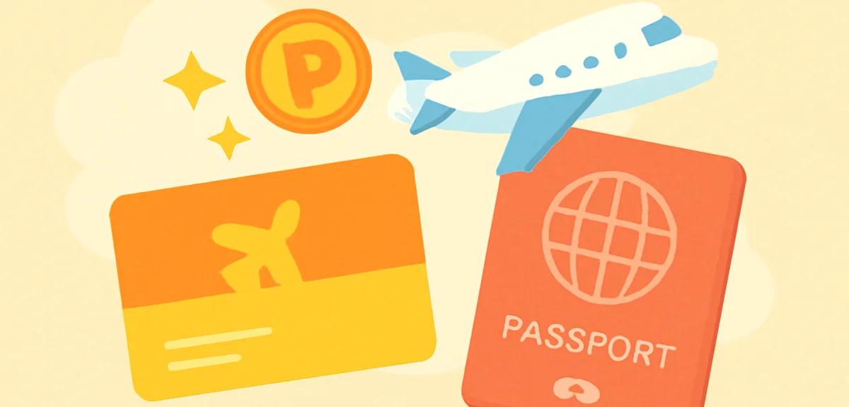 Mileage card and passport with airplane, points redemption concept, warm summer palette, flat illust