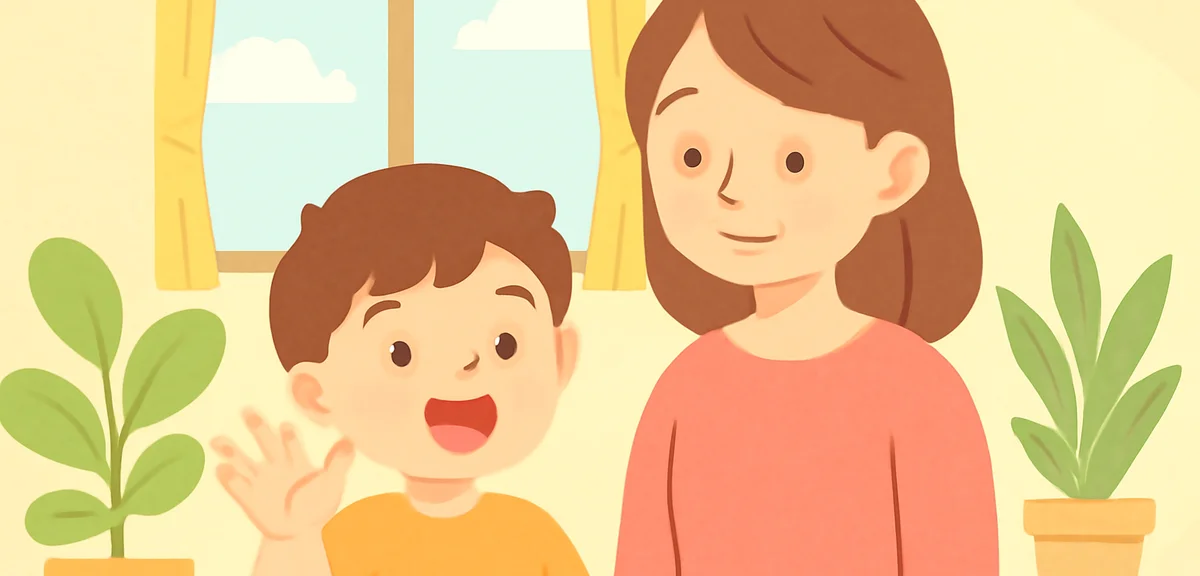 Cheerful child raising hand to sign hello, next to a mother watching kindly, summer indoor room with