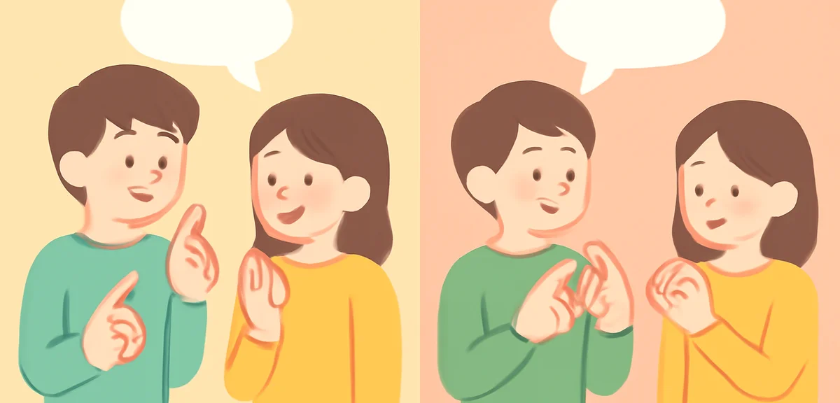 Comparison illustration showing two styles of sign language conversation, one labeled Japanese Sign 