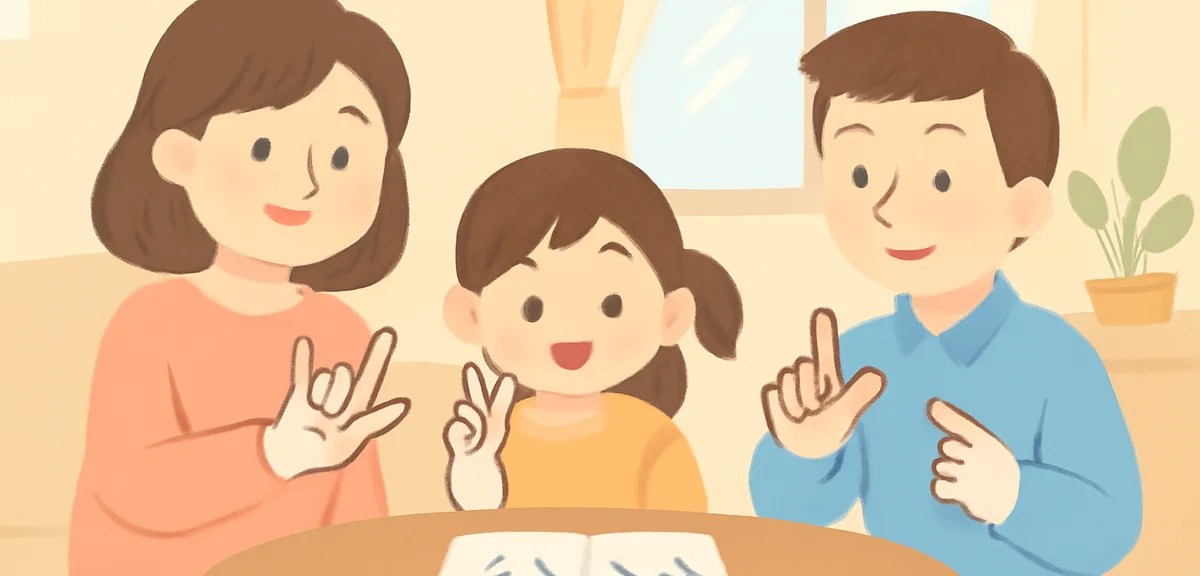 Family practicing self-introduction in sign language at home, notebook with hand shapes on the table