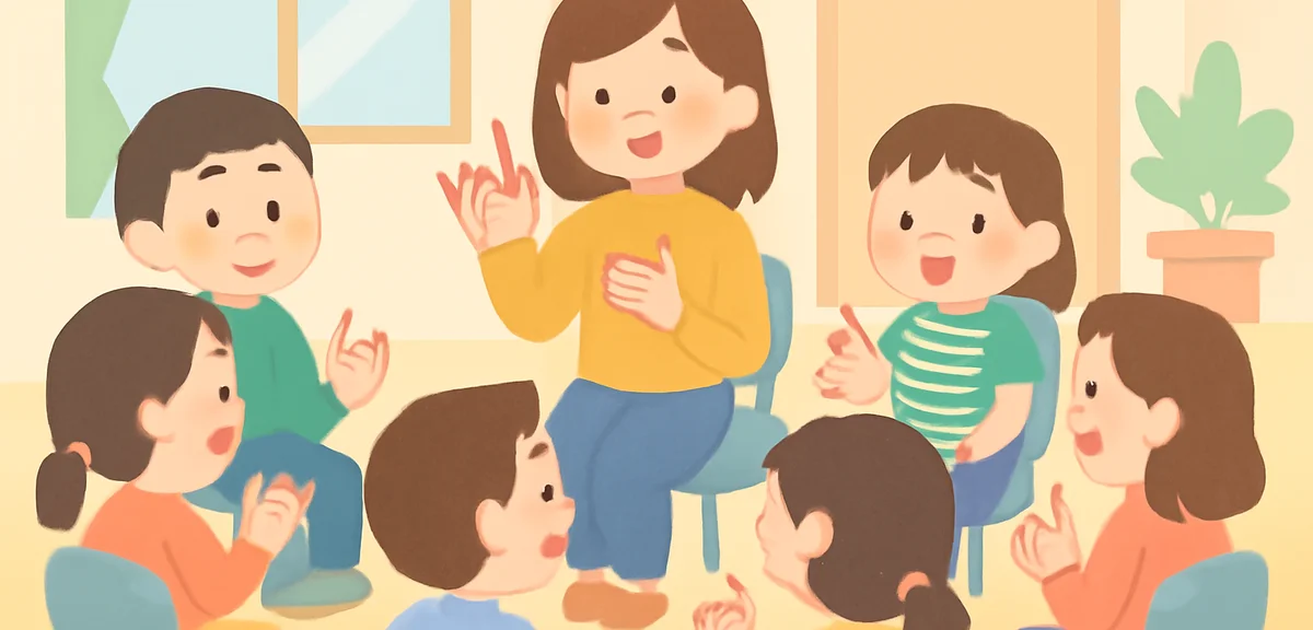 Children and adults gathered in a community hall for a friendly sign language workshop, chairs in a 