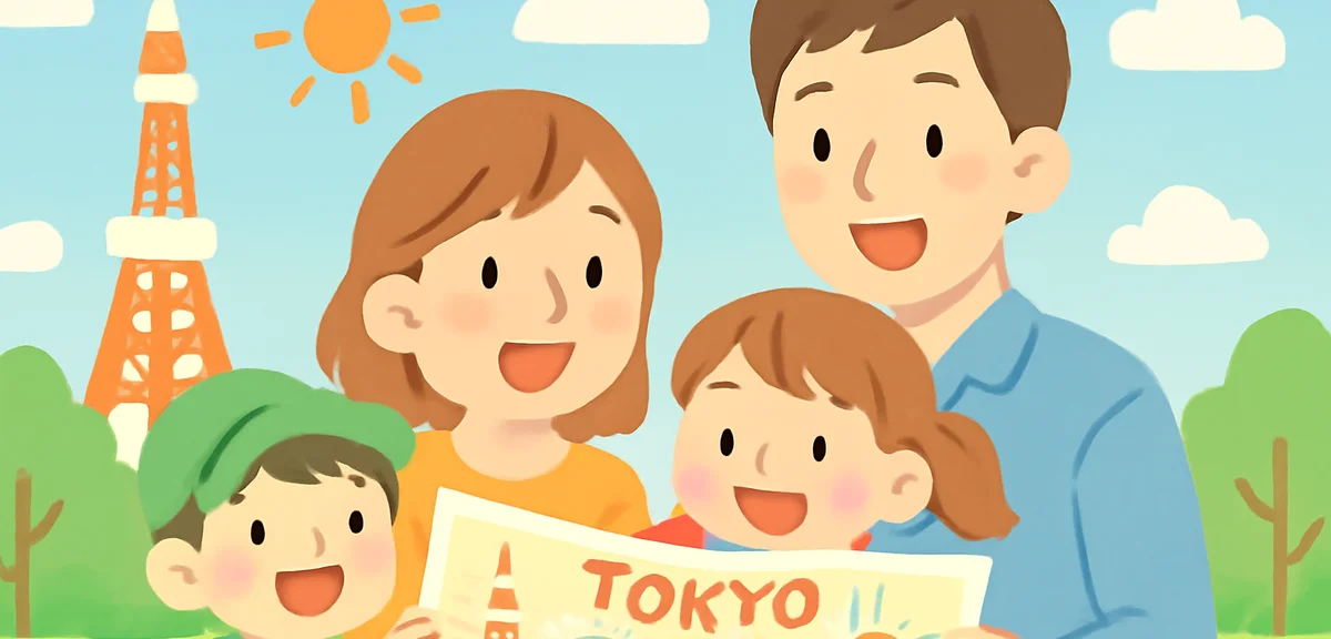 A Japanese family looking at a Tokyo tourist map with excitement, colorful stickers marking sightsee