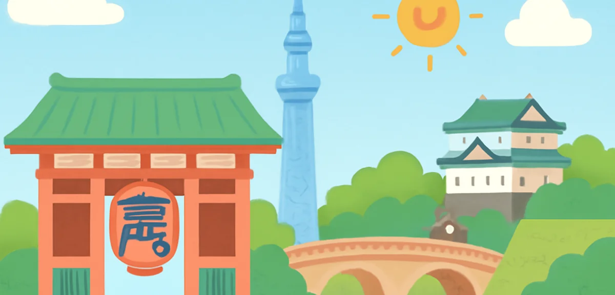 Iconic Tokyo landmarks illustration featuring Asakusa Kaminarimon gate, Tokyo Skytree, and Imperial 