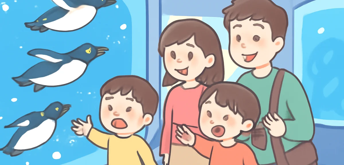 Family enjoying an indoor aquarium in Tokyo with penguins and glowing blue tanks, cool and refreshin