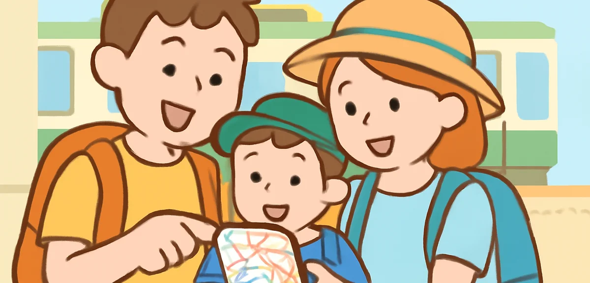 Parents and children checking a Tokyo subway route on a smartphone, station platform in background, 