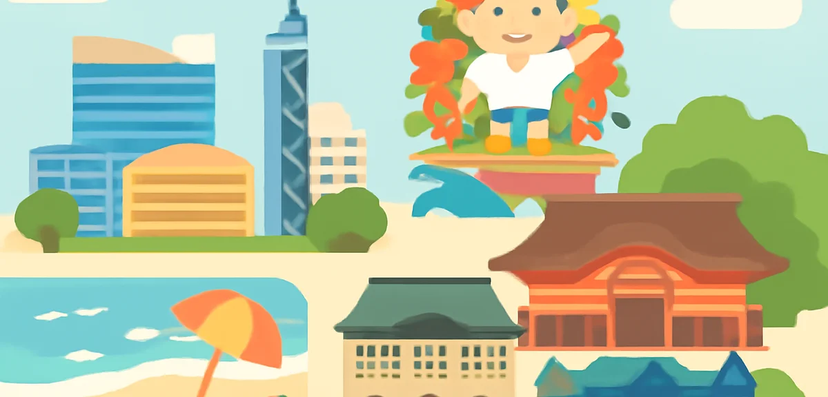 A collage-style illustration of Fukuoka summer highlights: city skyline with Fukuoka Tower, Hakata G
