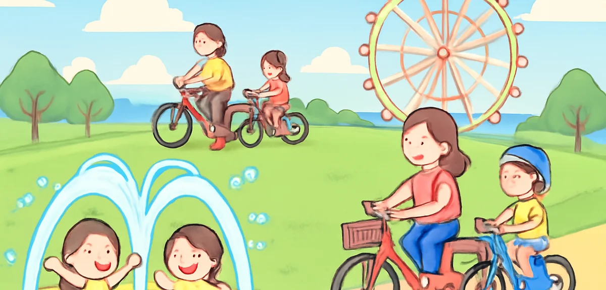 A wide summer scene of Uminonakamichi Seaside Park with families cycling on green lawns, kids playin