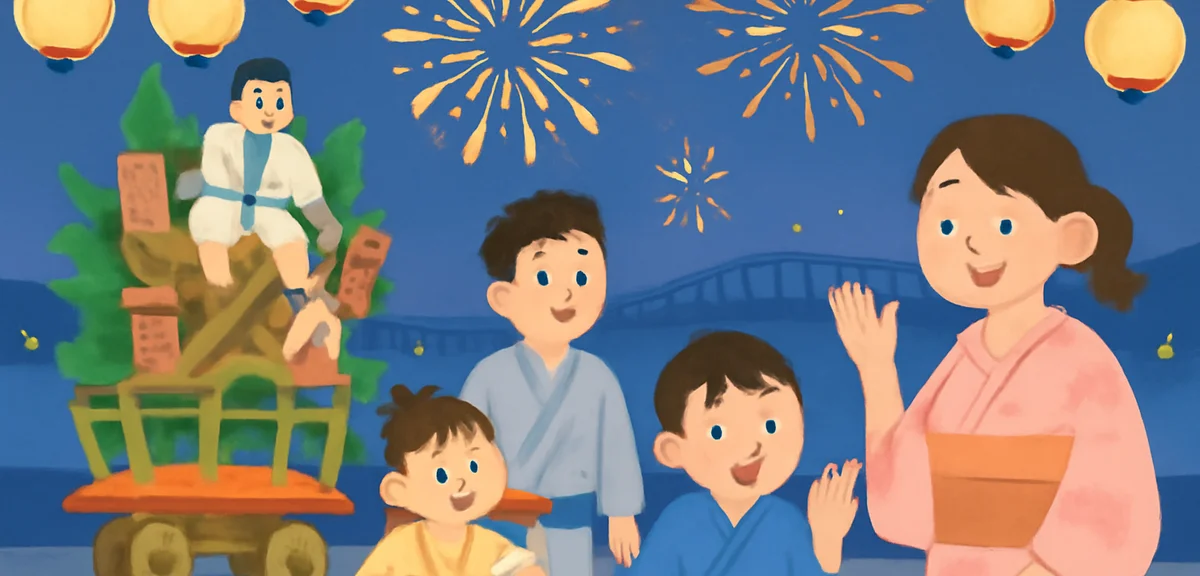 Summer festival evening in Fukuoka with a Hakata Gion Yamakasa float, families in yukata, paper lant