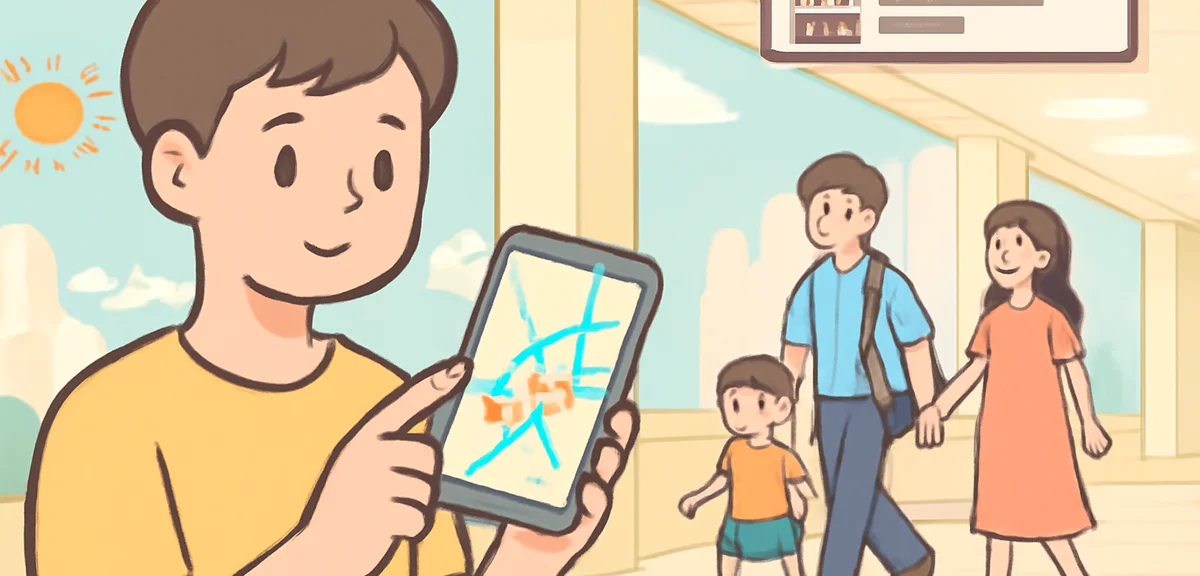 A person navigating Fukuoka subway map on smartphone with cool refreshing atmosphere, summer heat vi