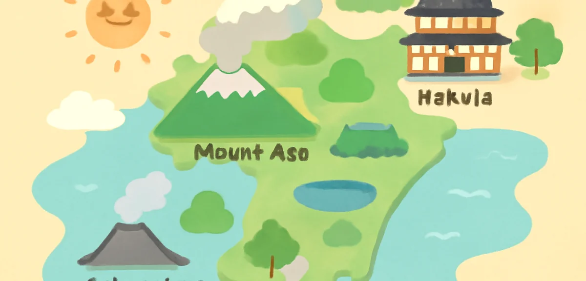 Scenic overview map style illustration of Kyushu island with famous landmarks like Mount Aso, Sakura