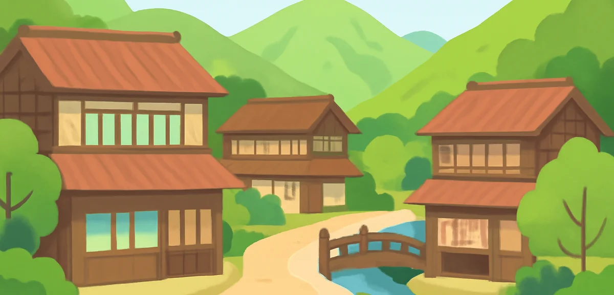 Kurokawa onsen hot spring town street with wooden traditional buildings and green summer mountains, 
