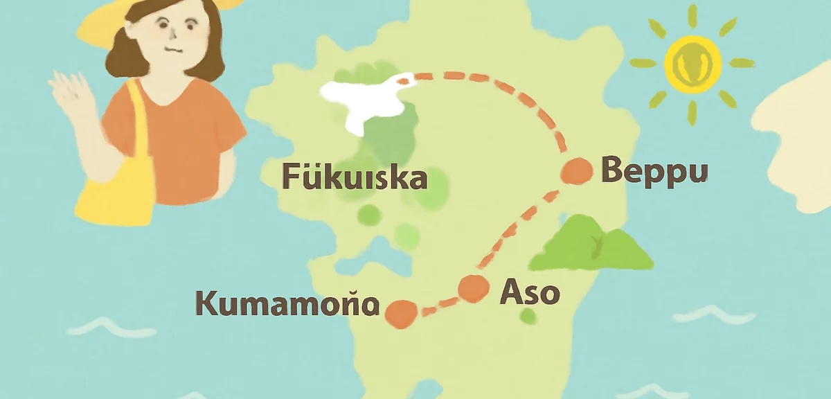 A hand drawn travel itinerary map of Kyushu with route lines connecting Fukuoka Kumamoto Aso and Bep