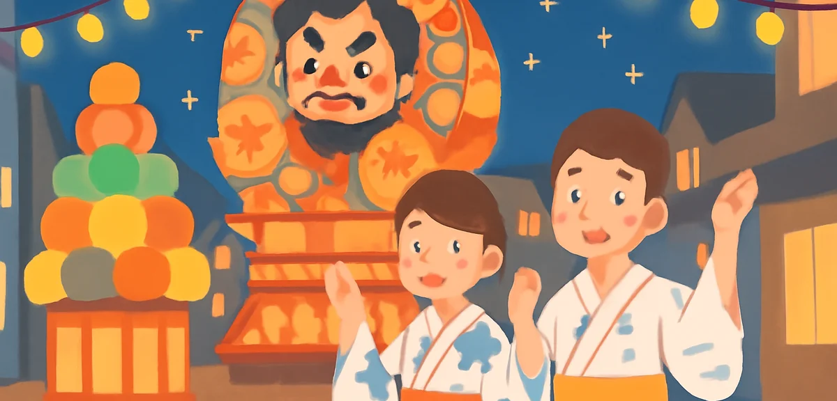 Summer festival scene in Tohoku Japan with colorful floats and traditional dancers in yukata, illumi