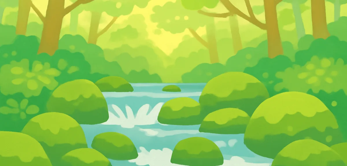 Oirase mountain stream in summer with clear water flowing over moss covered rocks, lush green forest