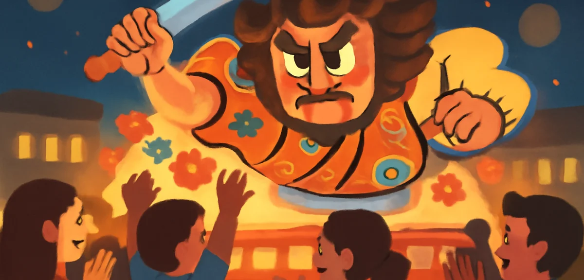 Aomori Nebuta festival float glowing with vibrant colors at night, spectators cheering, warm summer 