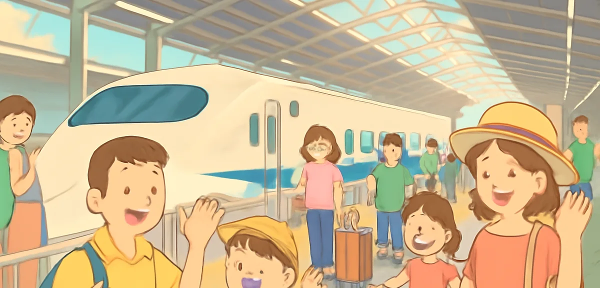 Crowded Shinkansen platform in summer with families and luggage, sunlight streaming through the stat