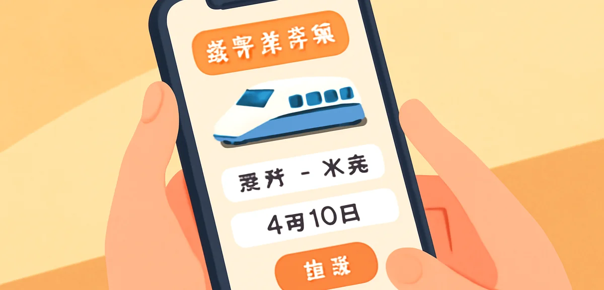 Close-up of a smartphone screen showing a Shinkansen reservation app in Japanese, hands holding the 