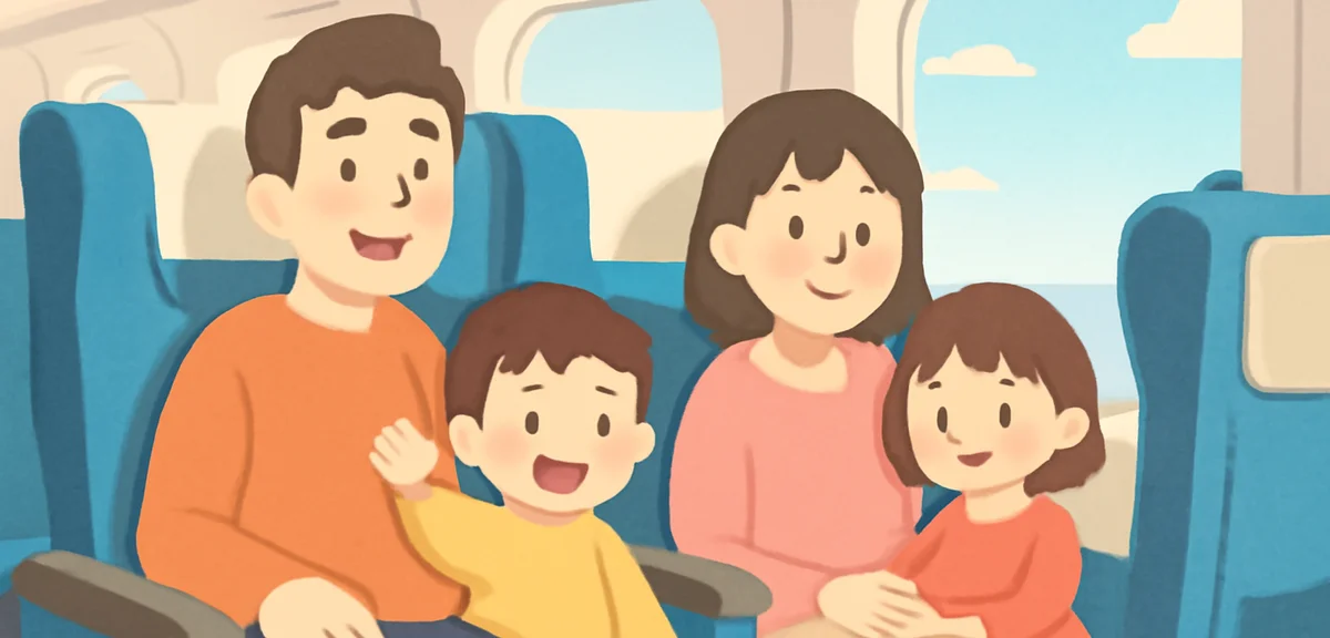 Interior of a Shinkansen car with a family with young children seated near the front row, spacious s