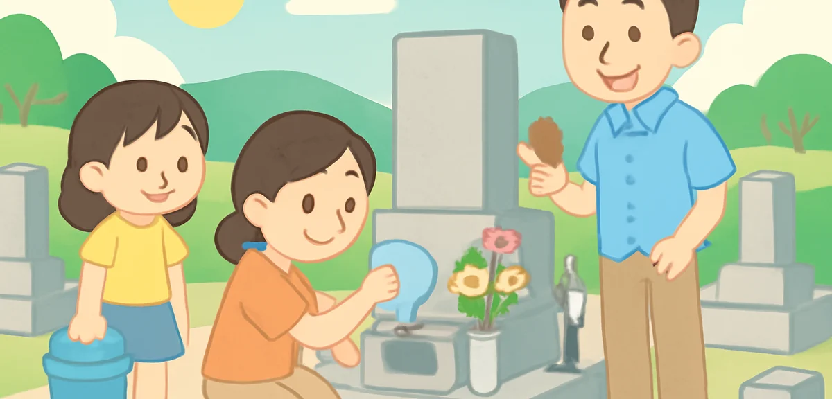 Japanese family cleaning a stone grave with flowers and incense at a countryside cemetery, summer mo