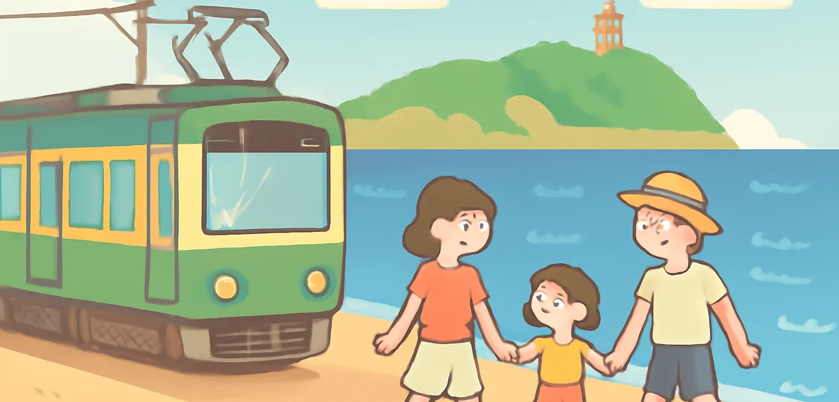 Kamakura Enoshima retro Enoden train, blue sea view, families walking on beach in summer, flat illus