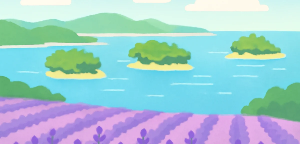 Hokkaido lavender field and Tohoku Matsushima bay in summer, blue sea and purple flower rows, flat i