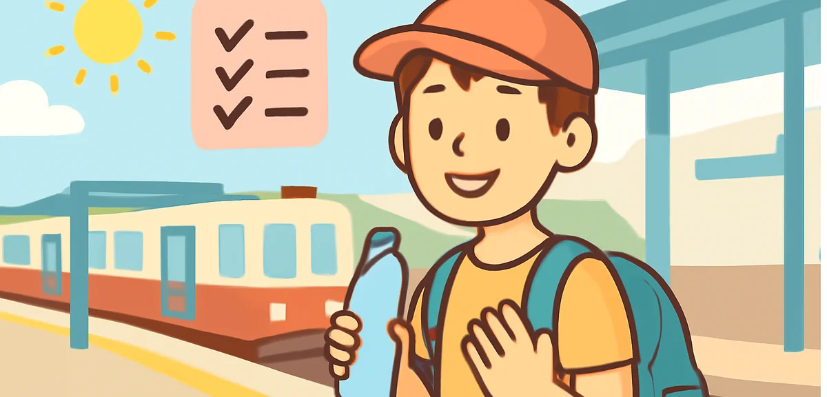 traveler with small backpack at Japanese train station platform, water bottle and cap, checklist ico
