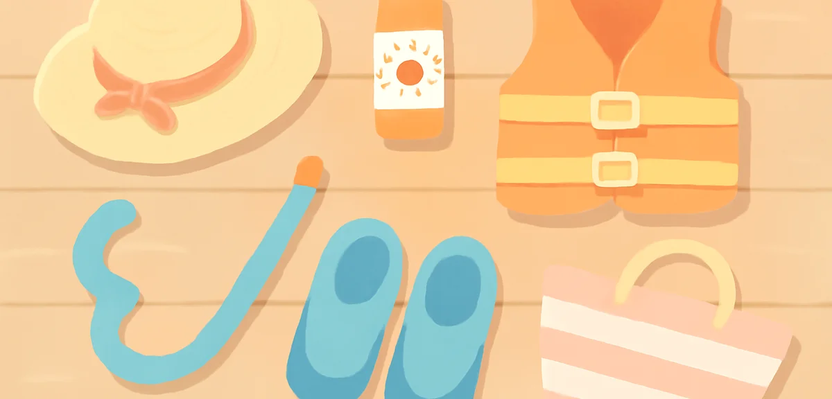 Preparation checklist scene: sun hat, sunscreen bottle, life jacket for kids, snorkel, water shoes a