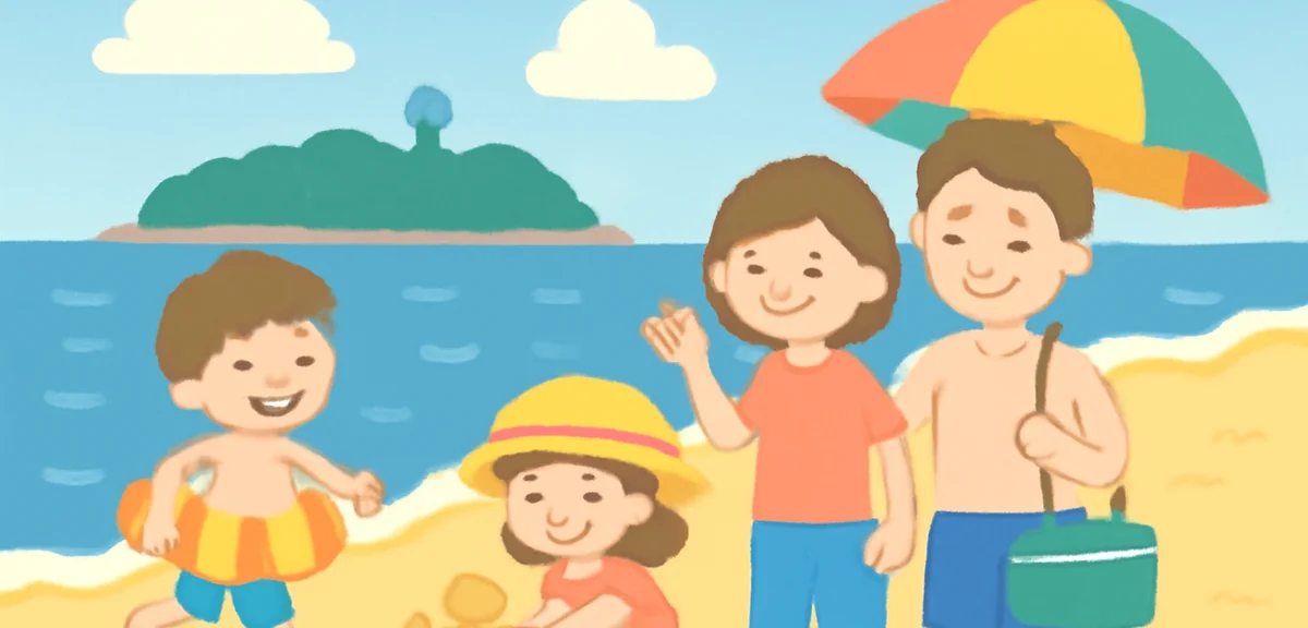 Shonan and Izu coastal beach with families enjoying summer, Enoshima silhouette in background, gentl