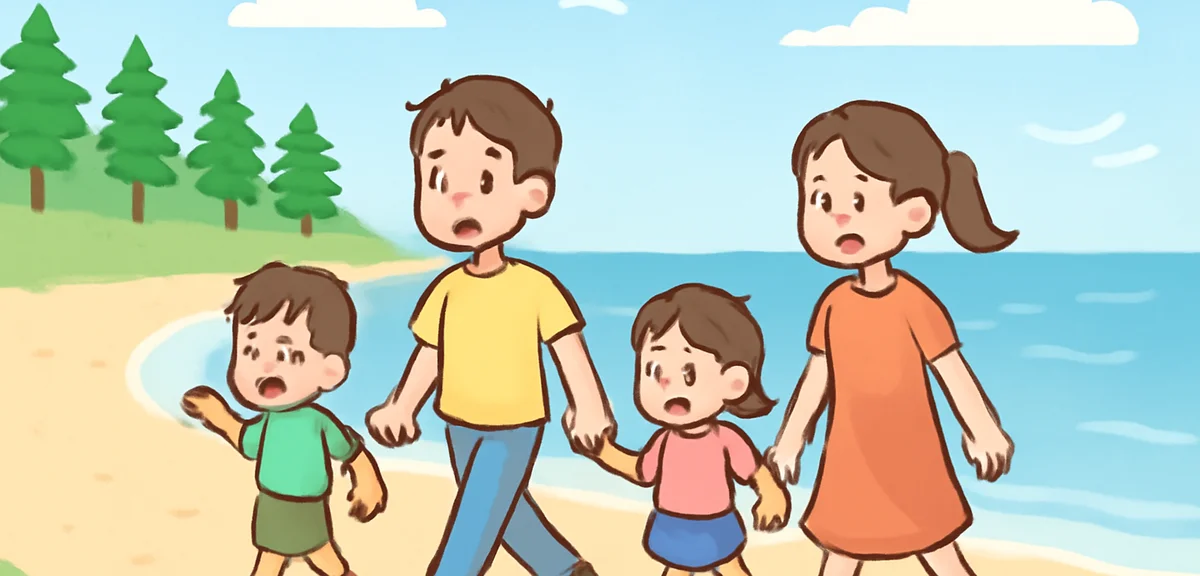 Cool northern Japan beach in Hokkaido with pine trees along coastline, calm blue sea, family walking