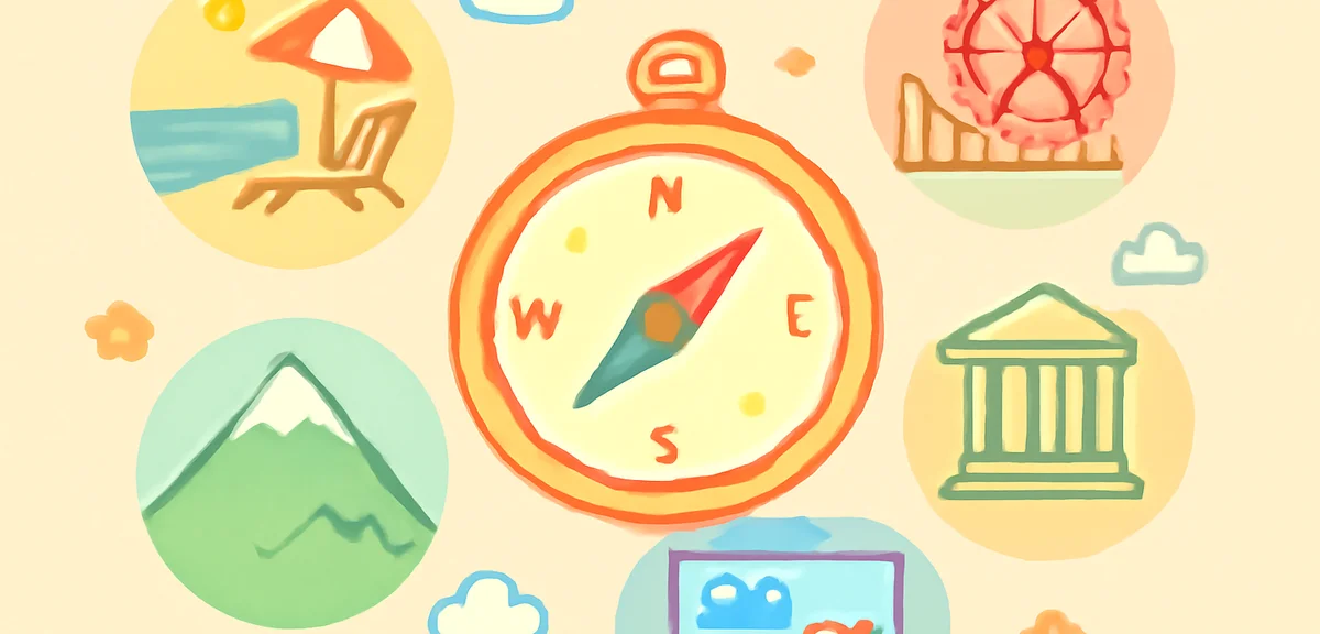 Multiple summer destination icons floating around a compass, beach, mountain, theme park, museum, aq
