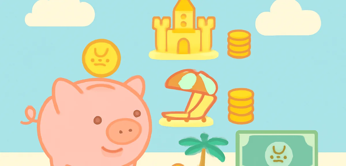 Piggy bank next to summer vacation icons showing different budget levels, coins and yen bills, cheer
