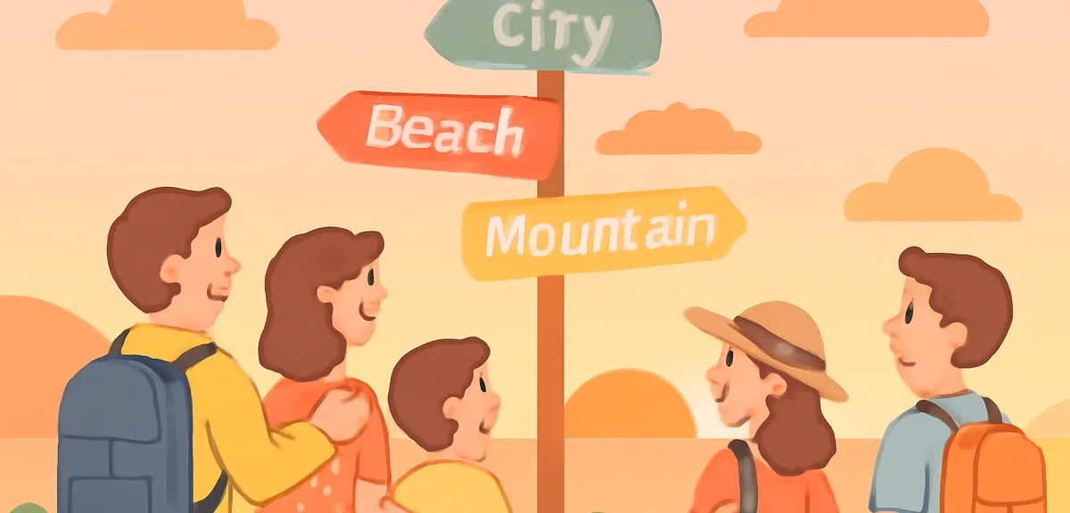 Family, couple, and solo traveler silhouettes standing at a crossroads sign with summer destination 