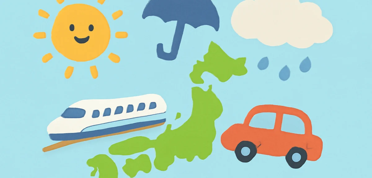 Weather icons sun cloud rain umbrella over a Japanese travel map with train and car, playful summer 