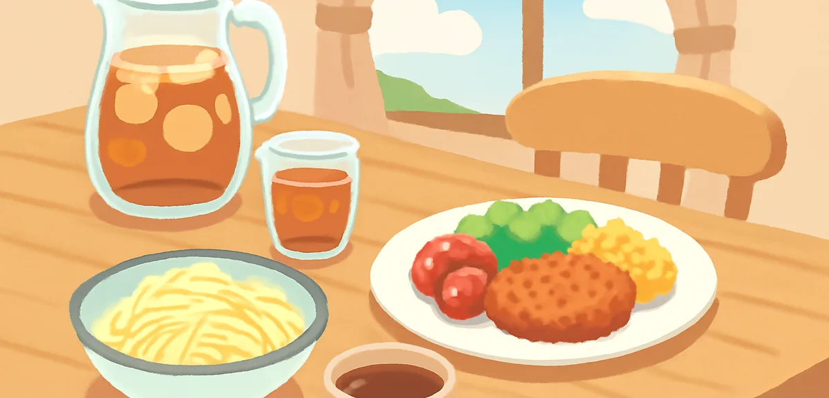 A wooden dining table with homemade summer lunch plates, cold noodles, iced tea in a glass jar, natu