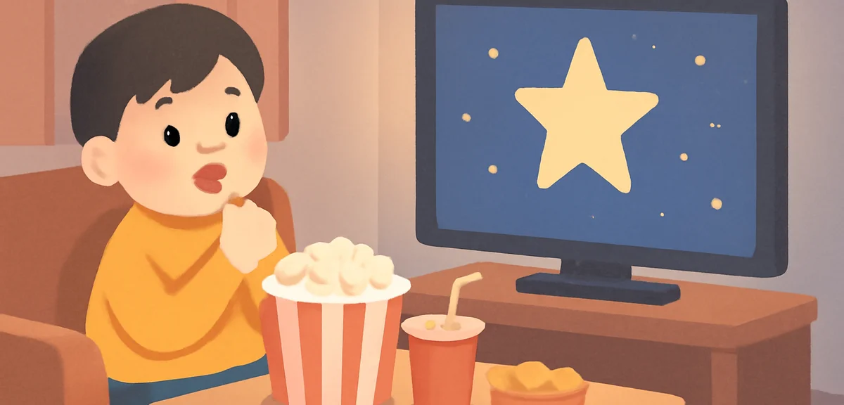 A person watching a movie at home on a large TV with snacks and popcorn on a low table, dim room lig